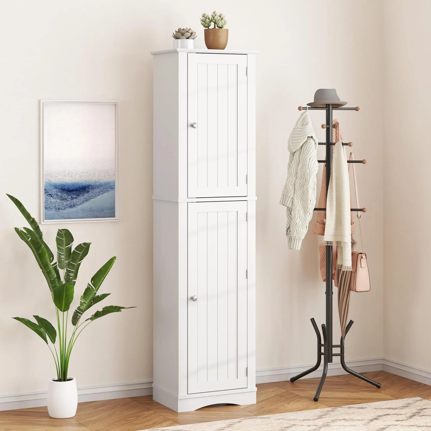 Tall Pantry Cabinet, Freestanding Storage Cabinet, Wooden Kitchen Pantry with 4 Doors and 5 Shelves, 72" Floor Cabinet Organizer