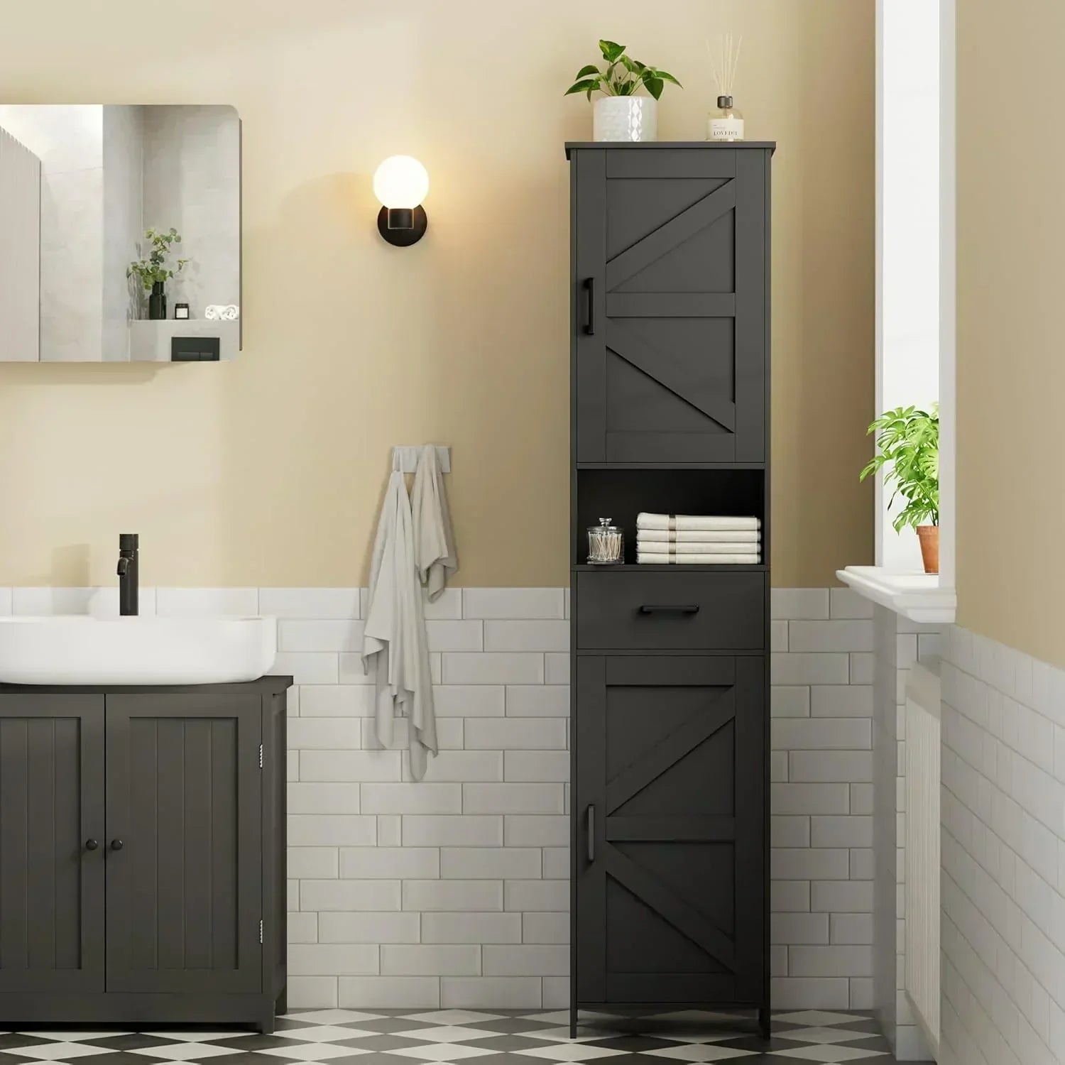 Homhedy 67" H Tall Bathroom Storage Cabinet with 2 Barn Doors and 1 Drawer Narrow Storage Unit