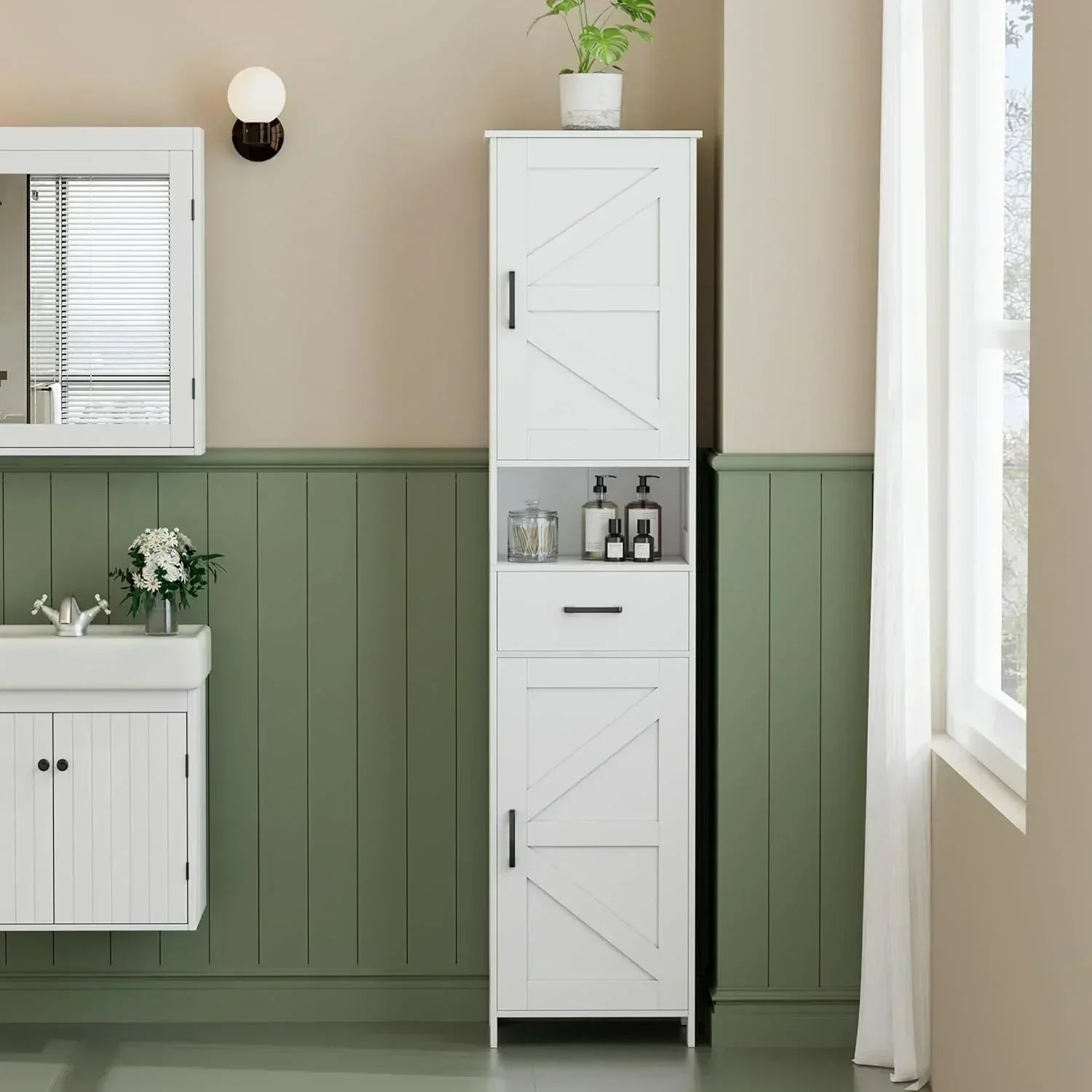 Homhedy 67" H Tall Bathroom Storage Cabinet with 2 Barn Doors and 1 Drawer Narrow Storage Unit