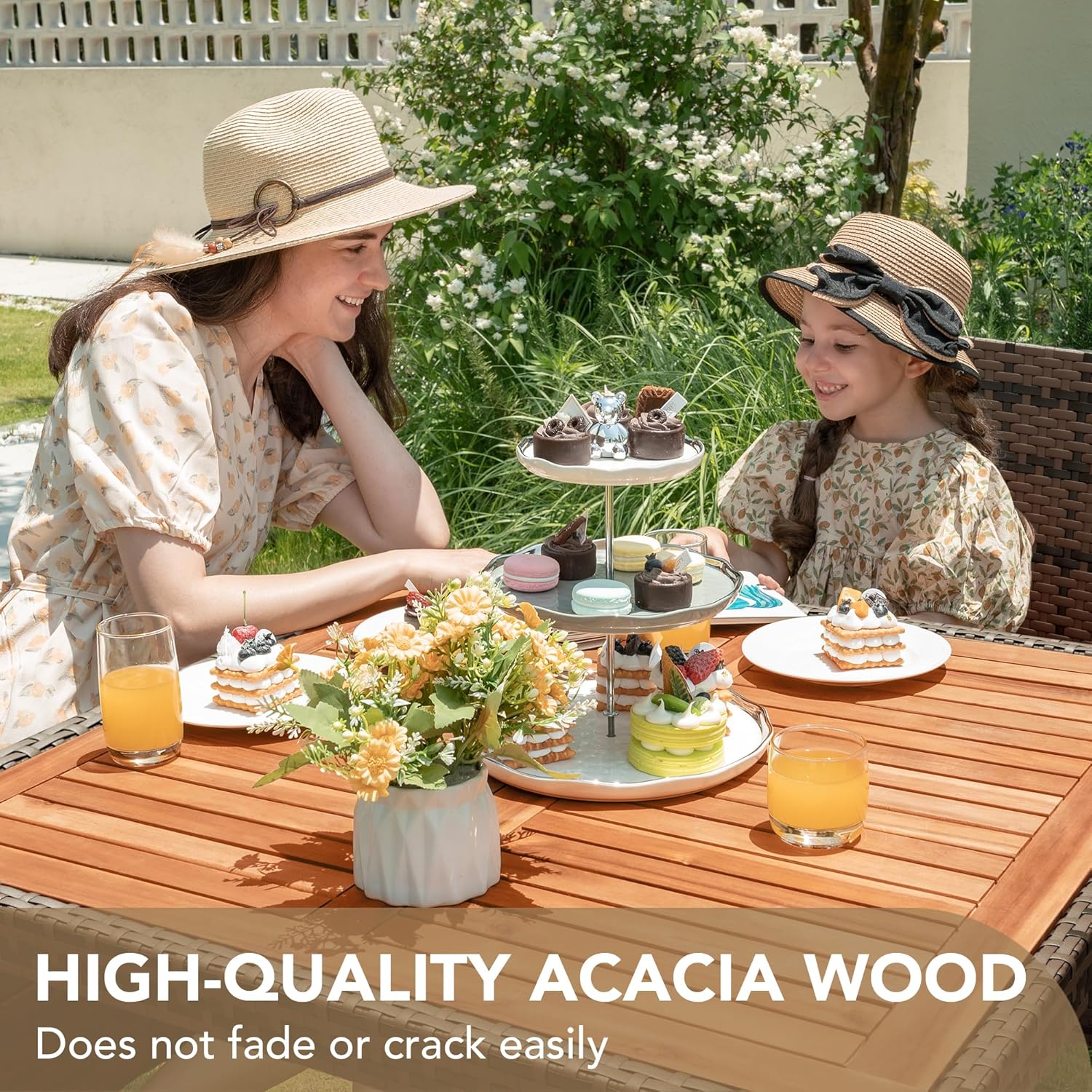 Devoko Dining 7 PCS Furniture, Patio Conversation Set with Acacia Wood Table Top, Rattan Outdoor, Black