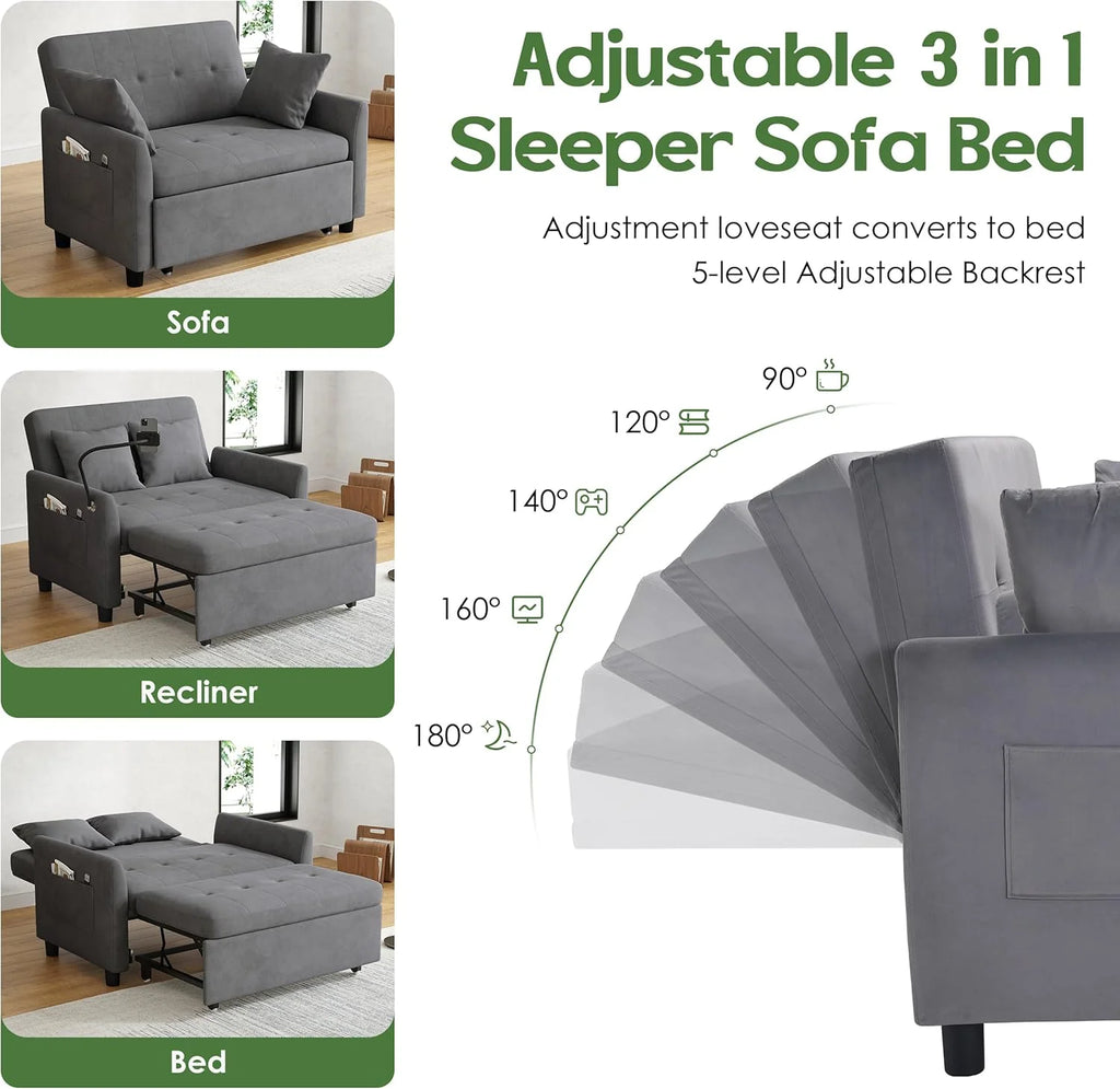 Sleeper Sofa Bed, 3 in 1 Convertible Sleeper Couch Bed Pull Out, Small Loveseat Sofa, Futon Sofa Bed Full Size, 46" Velvet Love Seat
