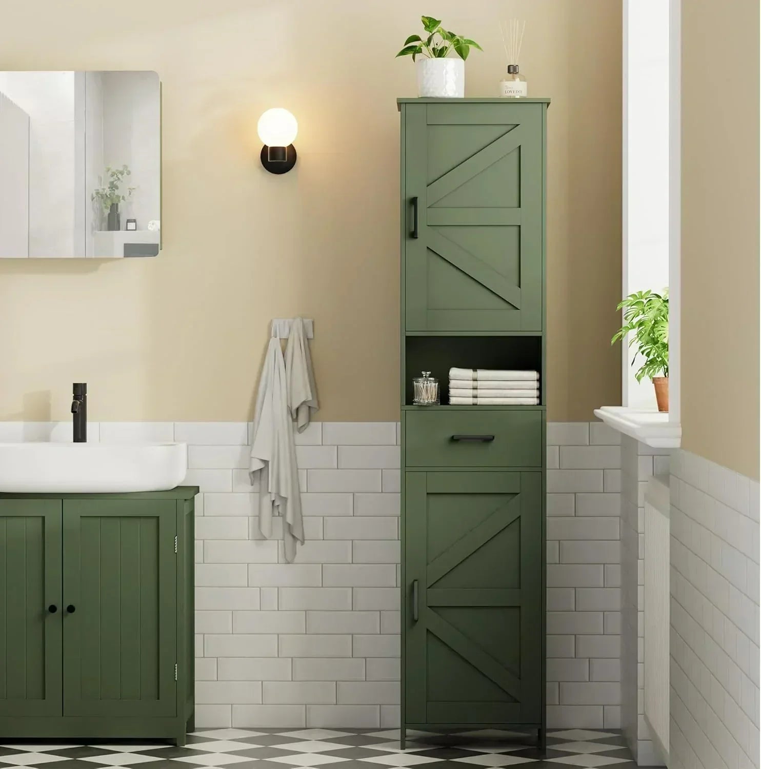 Homhedy 67" H Tall Bathroom Storage Cabinet with 2 Barn Doors and 1 Drawer Narrow Storage Unit