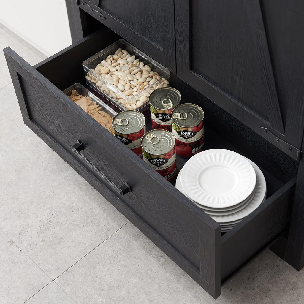 JXQTLINGMU Farmhouse Kitchen Pantry - 72" Tall Wood Kitchen Storage Cabinet with Adjustable Shelves and 2 Barn-Style Doors and Drawers