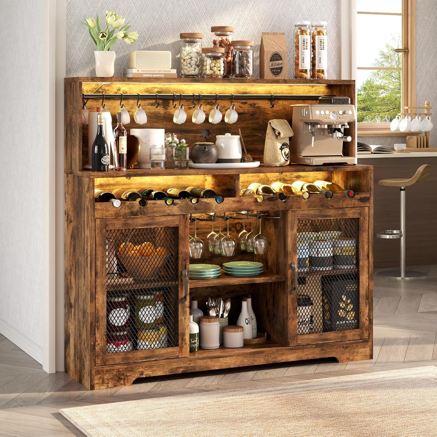 Wine Bar Cabinet with LED Light, Liquor Cabinet with Glass Holder, Coffee Bar for Liquor, Storage Buffet with Wine Racks, Wine Cabinet