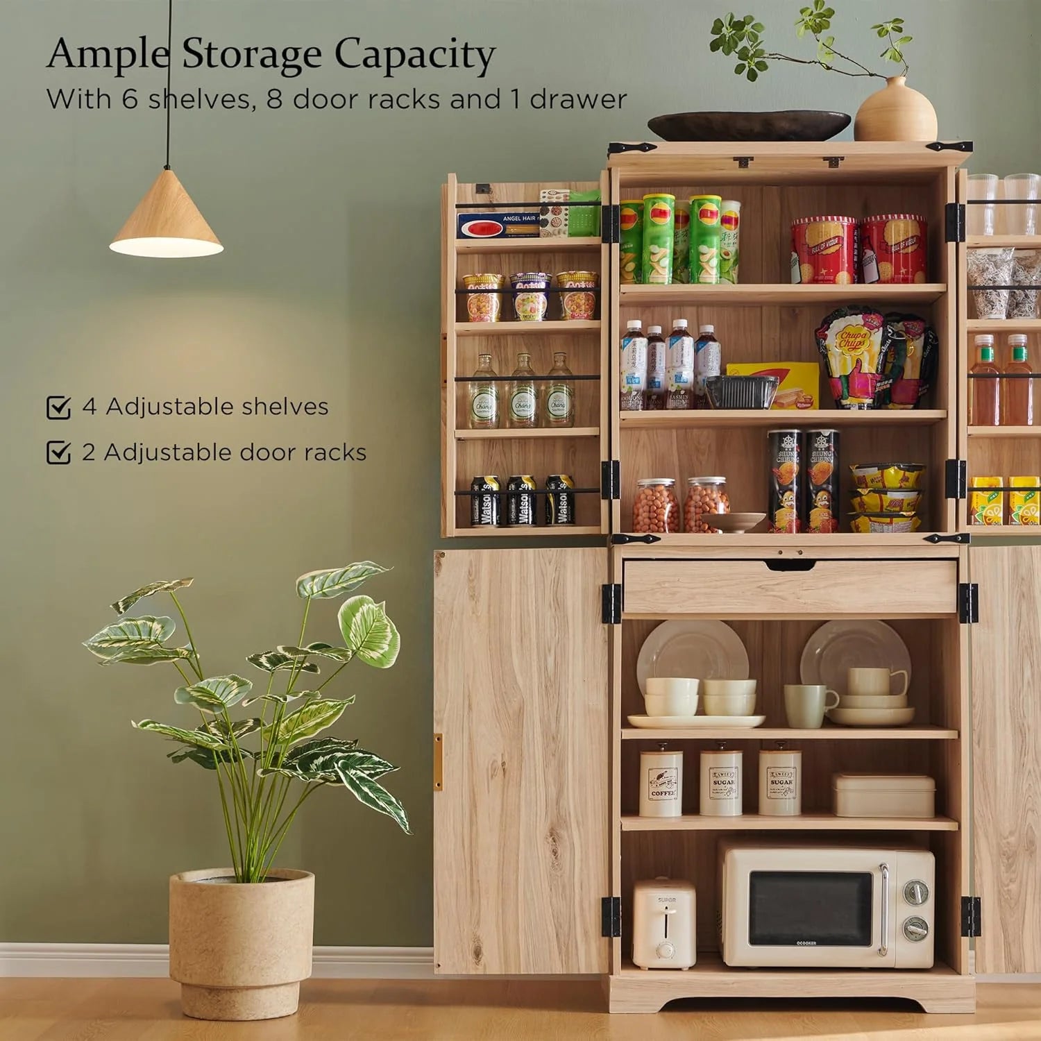 Fluted Pantry Cabinet, 72" Tall Modern Storage Cabinet with 4 Doors, Organizer, Drawer and Adjustable Shelves, Wood Cupboard