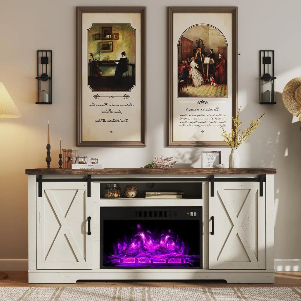 AMERLIFE Fireplace TV Stand with Sliding Barn Door for TVs up to 73", Farmhouse 63" Fireplace Entertainment Center with Storage Cabinets/Adjustable Shelves