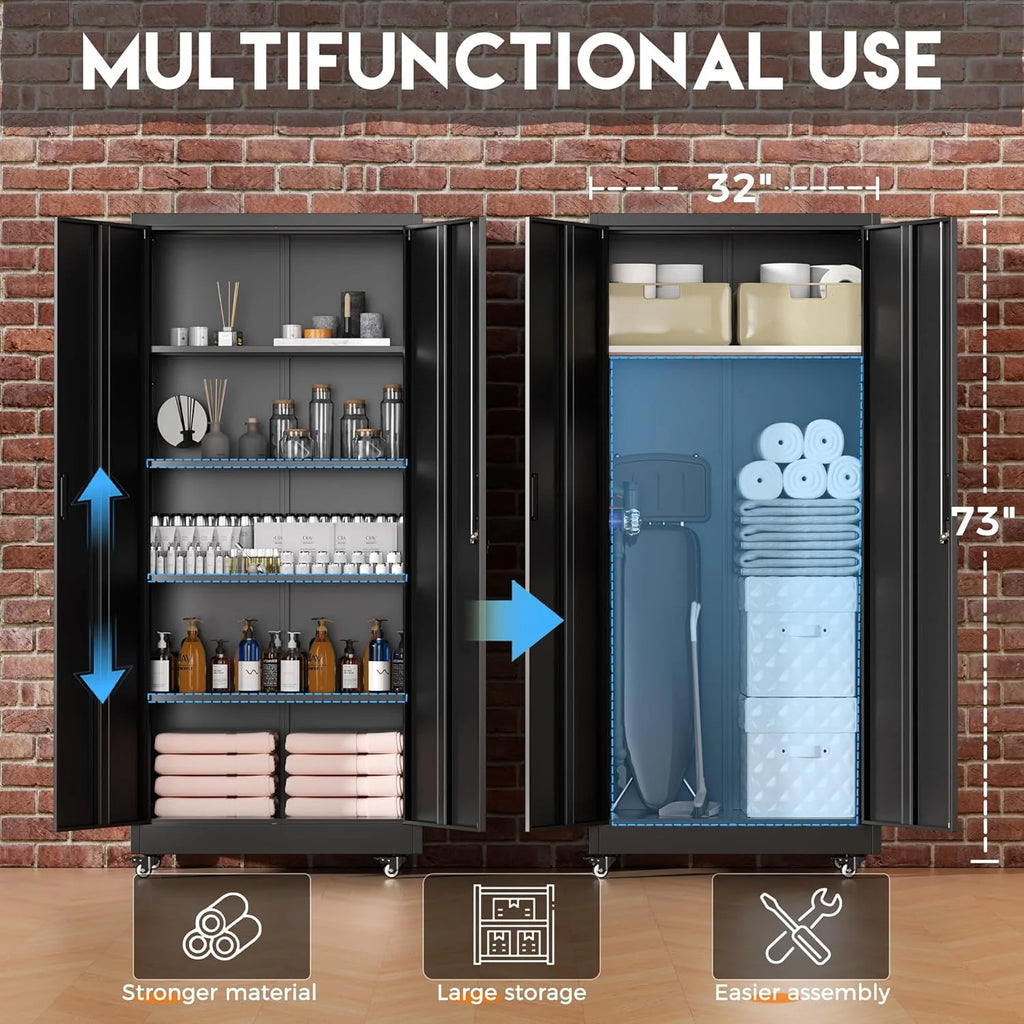 Greenvelly Metal Storage Cabinet, 72" Black Locking Metal Cabinet with 2 Doors and 4 Adjustable Shelves, Lockable Garage Storage Cabinets for Home Office, Garage, Kitchen, Living Room