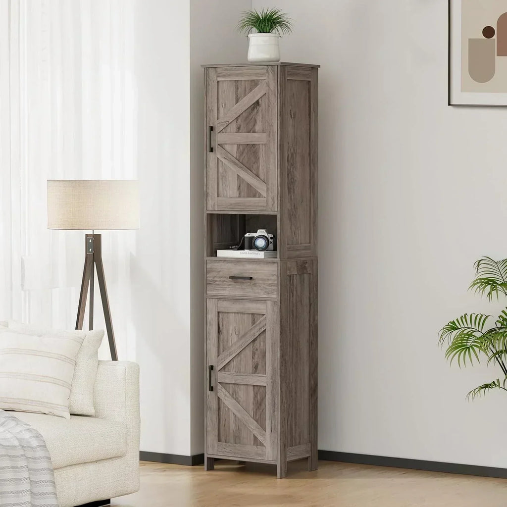 Homhedy 67" H Tall Bathroom Storage Cabinet with 2 Barn Doors and 1 Drawer Narrow Storage Unit