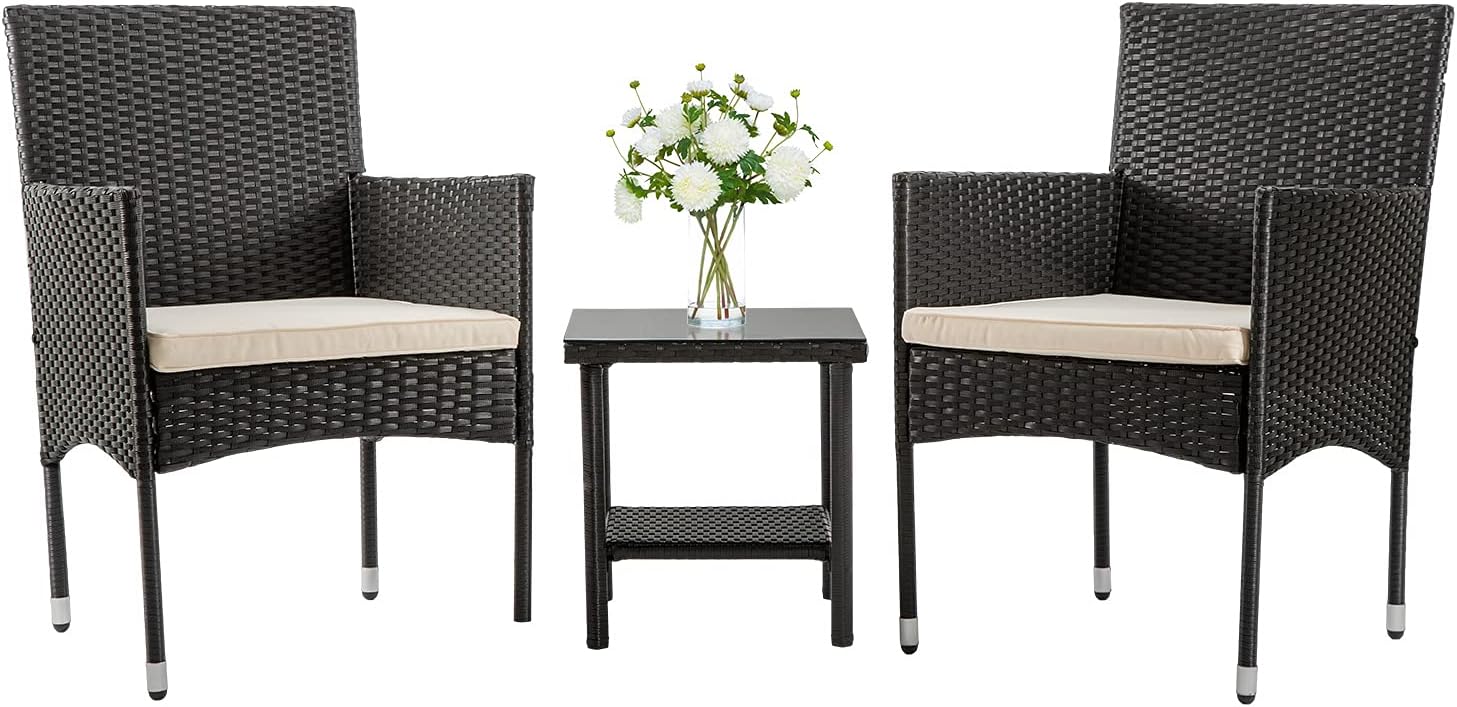 FDW | 4-Piece Patio Furniture Set | Black | Outdoor Wicker Furniture with Coffee Table | Modern Rattan Chairs Conversation Set | Outdoor Seating | Weather-Resistant | for Porch, Garden, Lawn