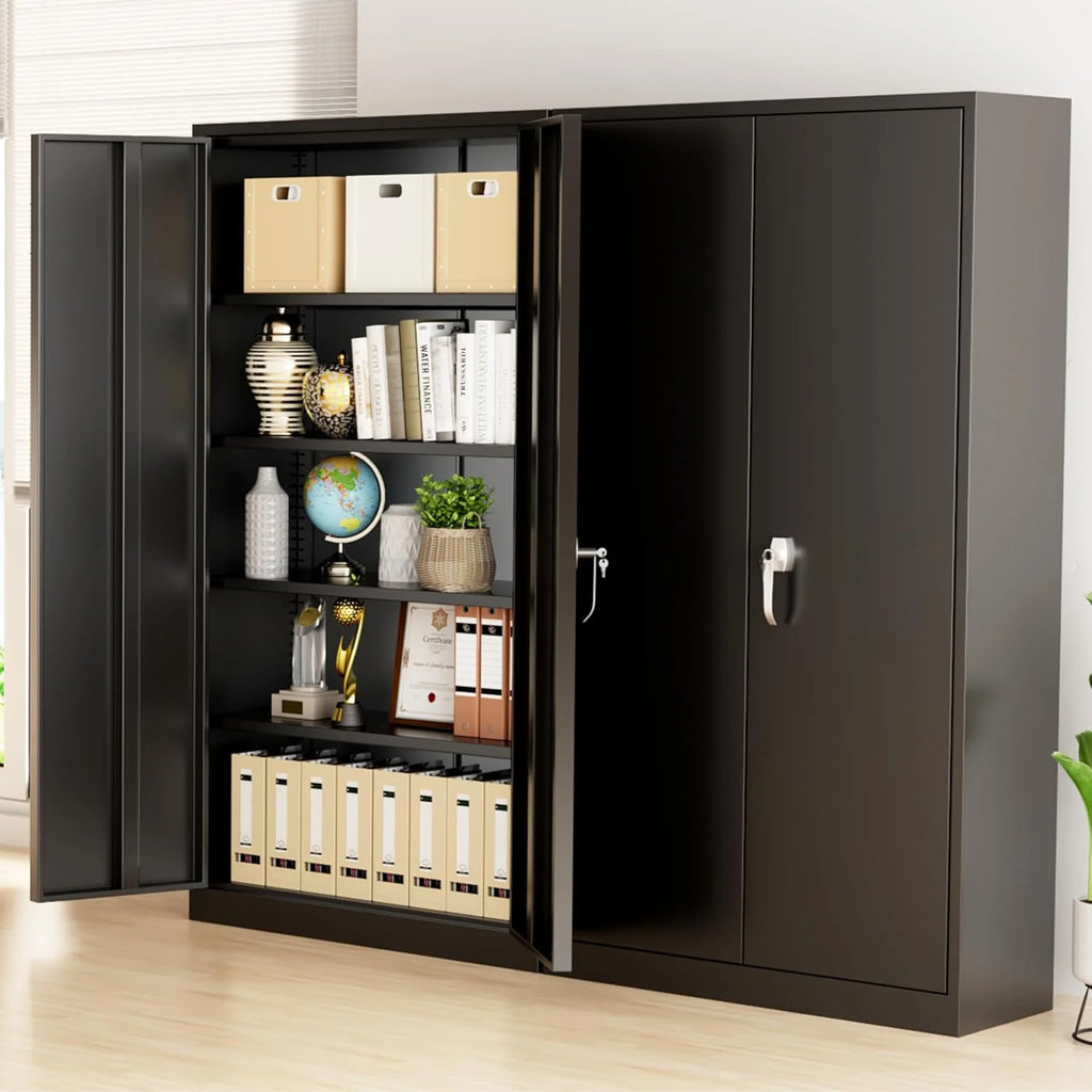 Greenvelly Metal Storage Cabinet, 72" Black Locking Metal Cabinet with 2 Doors and 4 Adjustable Shelves, Lockable Garage Storage Cabinets for Home Office, Garage, Kitchen, Living Room