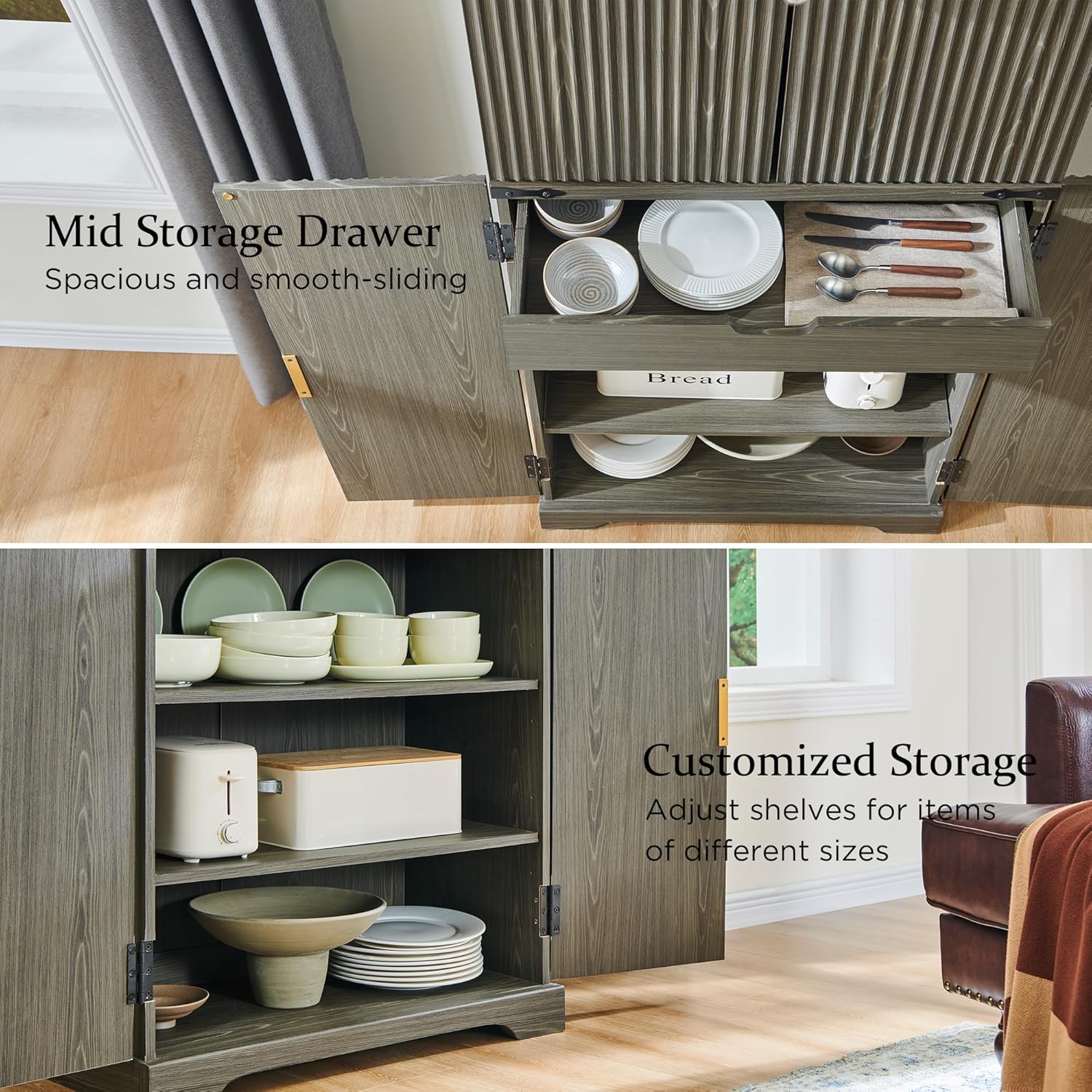 Fluted Pantry Cabinet 72" Tall Modern Storage Cabinet with 4 Doors Organizer Drawer