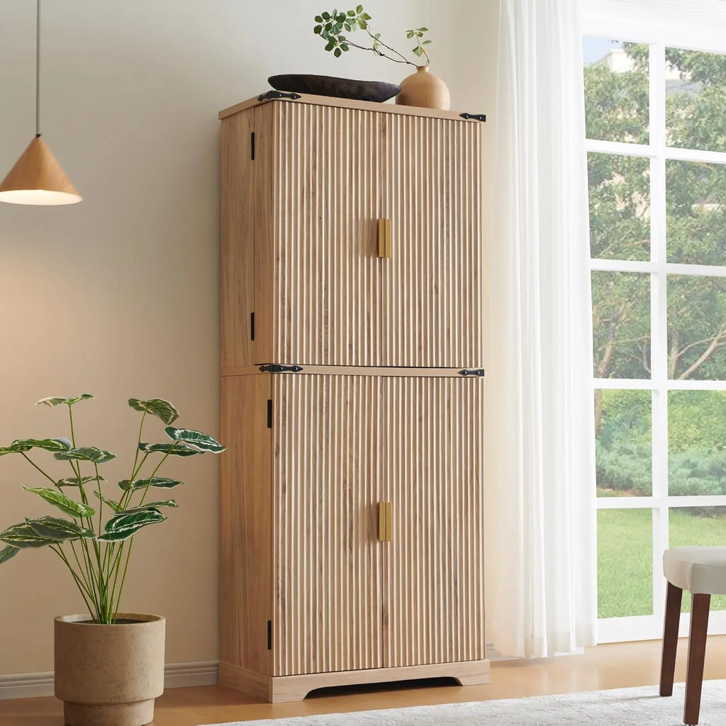 Fluted Pantry Cabinet, 72" Tall Modern Storage Cabinet with 4 Doors, Organizer, Drawer and Adjustable Shelves, Wood Cupboard for Kitchen, Dining Room, Living Room and Bathroom, Natural Oak
