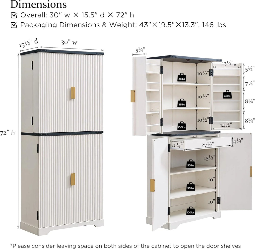 Fluted Pantry Cabinet, 72" Tall Modern Storage Cabinet with 4 Doors, Organizer, Drawer and Adjustable Shelves, Wood Cupboard for Kitchen, Dining Room, Living Room and Bathroom, Natural Oak