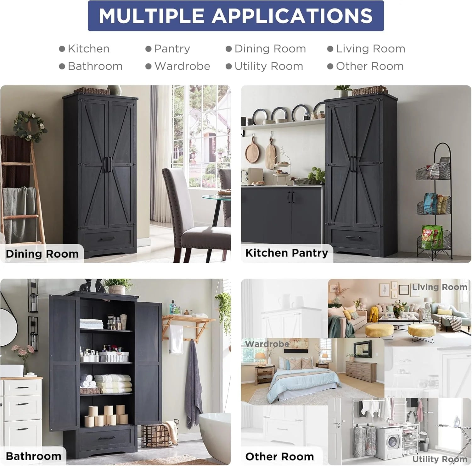 JXQTLINGMU Farmhouse Kitchen Pantry - 72" Tall Wood Kitchen Storage Cabinet with Adjustable Shelves and 2 Barn-Style Doors and Drawers