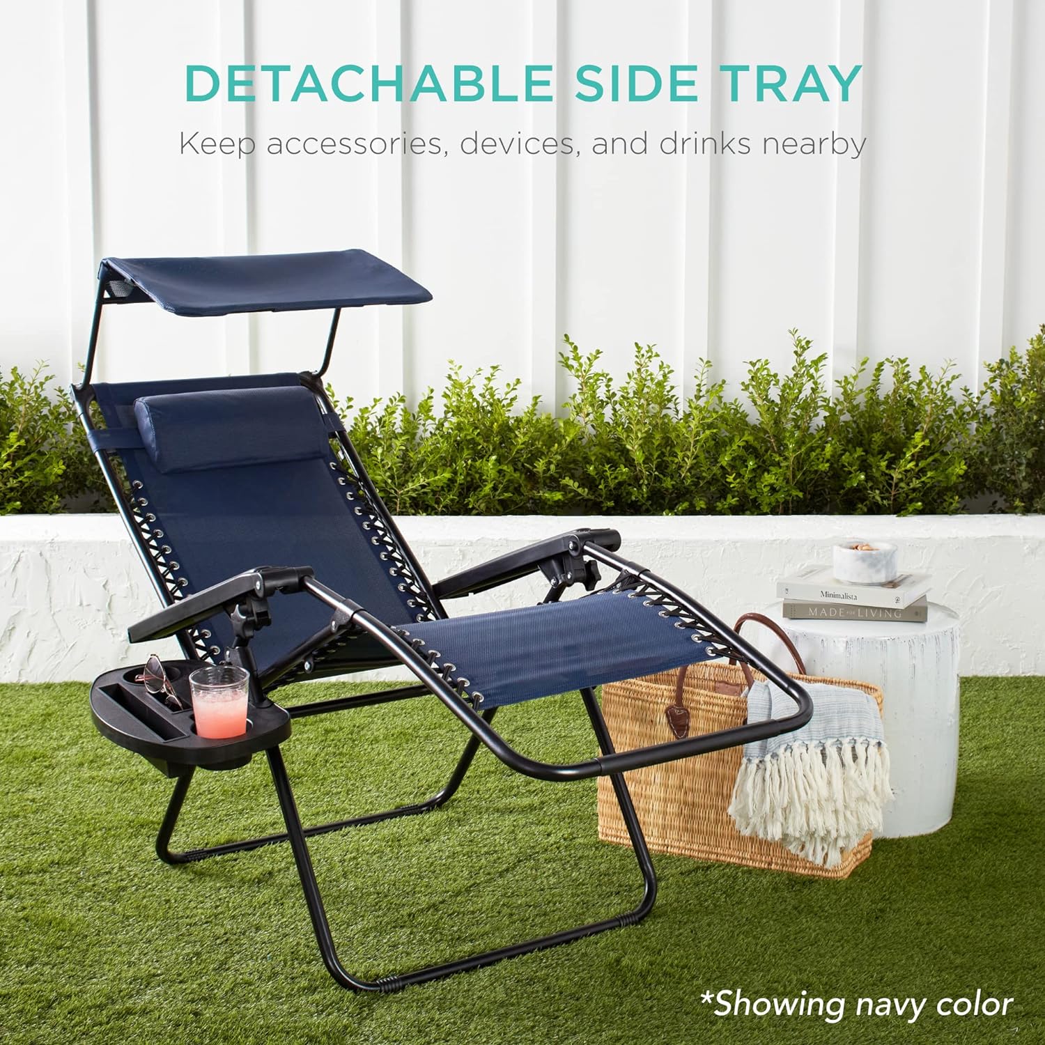 Best Choice Products Folding Zero Gravity Outdoor Recliner Patio Lounge Chair w/Adjustable Canopy Shade, Headrest, Side Accessory Tray, Textilene Mesh - Peacock Blue