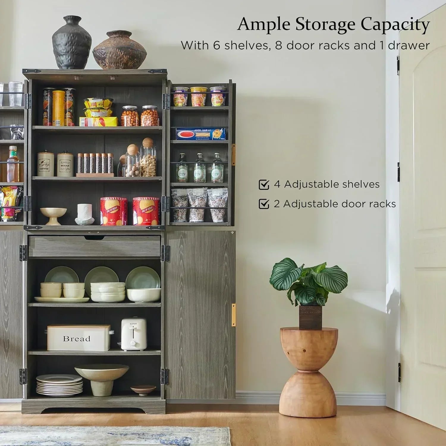 Fluted Pantry Cabinet 72" Tall Modern Storage Cabinet with 4 Doors Organizer Drawer