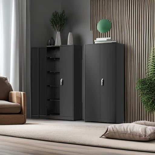 Greenvelly Metal Storage Cabinet, 72" Black Locking Metal Cabinet with 2 Doors and 4 Adjustable Shelves, Lockable Garage Storage Cabinets for Home Office, Garage, Kitchen, Living Room