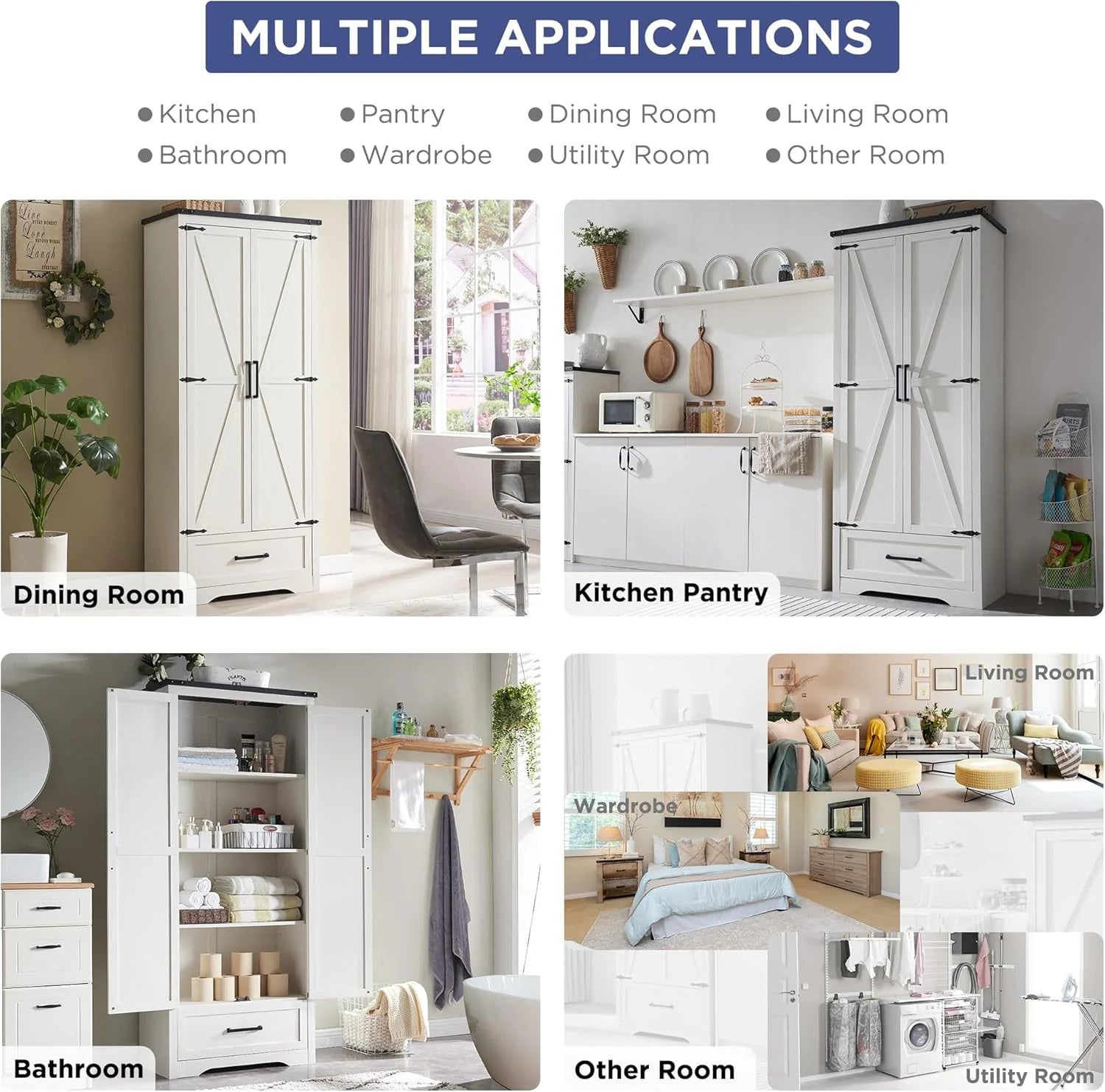JXQTLINGMU Farmhouse Kitchen Pantry - 72" Tall Wood Kitchen Storage Cabinet with Adjustable Shelves and 2 Barn-Style Doors and Drawers