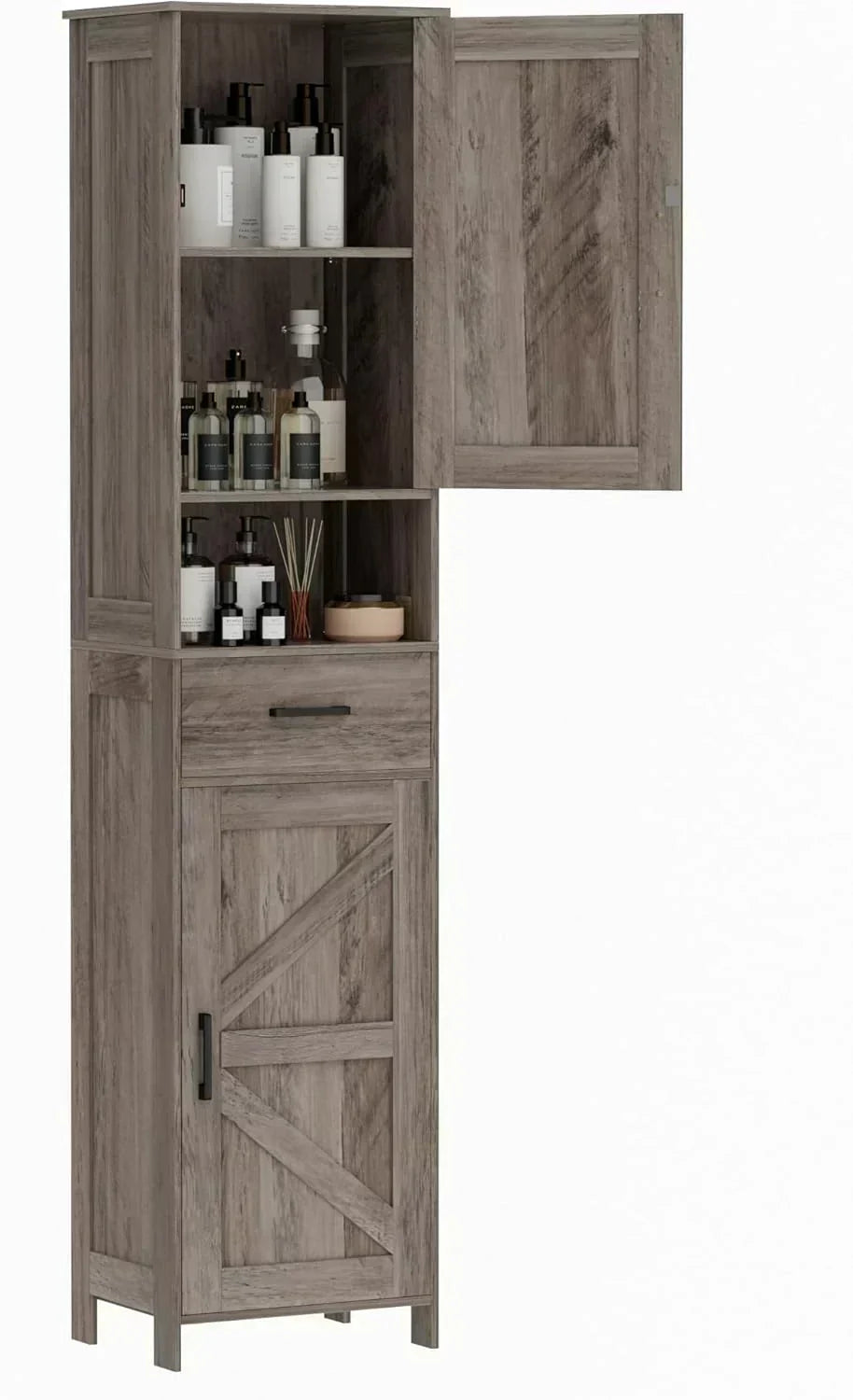 Homhedy 67" H Tall Bathroom Storage Cabinet with 2 Barn Doors and 1 Drawer Narrow Storage Unit