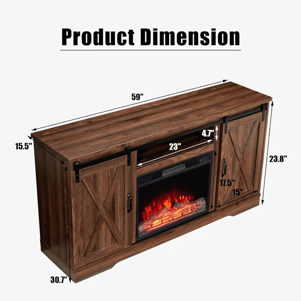 AMERLIFE Fireplace TV Stand with Sliding Barn Door for TVs up to 73", Farmhouse 63" Fireplace Entertainment Center with Storage Cabinets/Adjustable Shelves