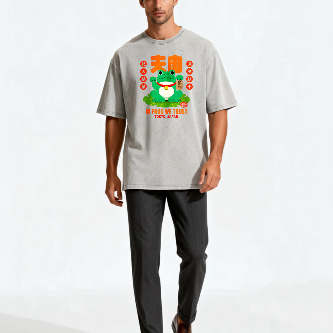 Japanese Style Lucky Frog Funny Print Washed T-shirt